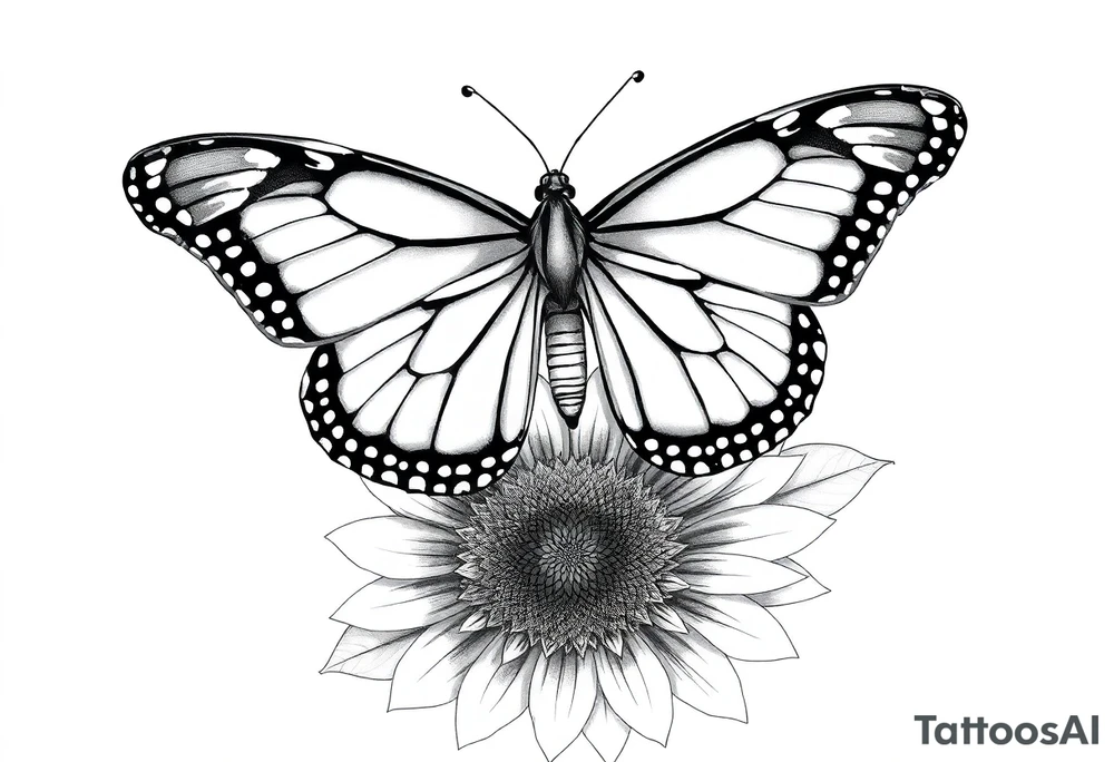 The central focus is a large butterfly with intricate wing patterns, which appears to be a monarch butterfly. It is resting on a sunflower, with its wings spread open.With the name Shari  in it tattoo idea