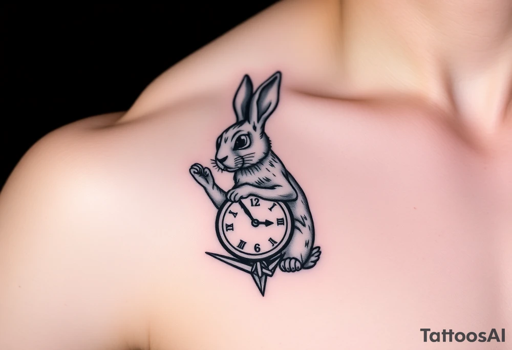 Geometrical rabbit holding a clock tattoo idea