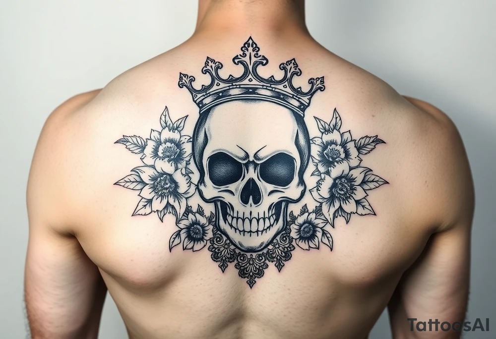 Beautiful elegant skull with crown surrounded by flowers with lace underneath tattoo idea