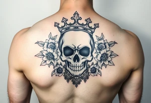 Beautiful elegant skull with crown surrounded by flowers with lace underneath tattoo idea
