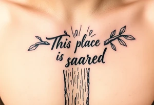 Hand written writing that says This place is sacred written on the trunk of a breadfruit tree tattoo idea