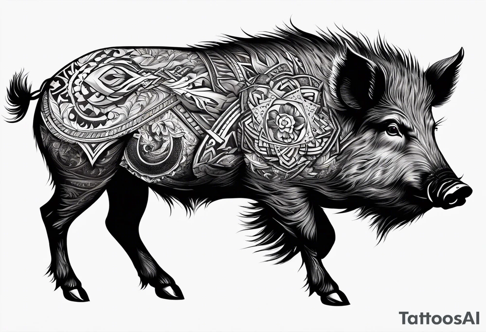 Wild boar that is blue with 3 red crosses tattoo idea