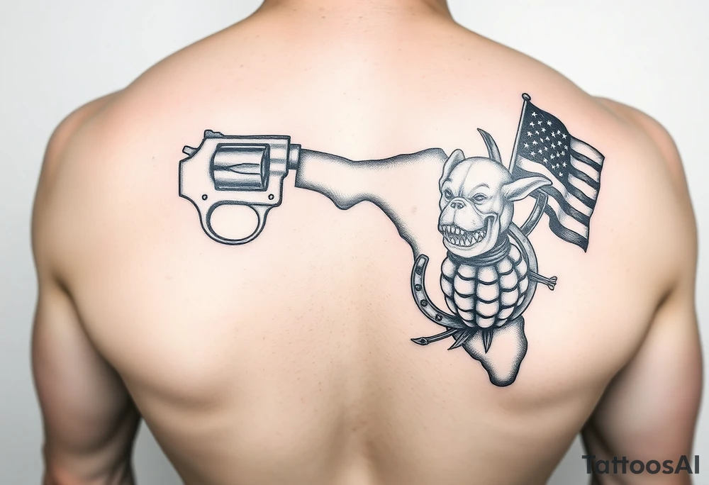 Revolver, American flag, state of florida, grenade, horseshoe, bulldog and blended into a half forearm sleeve tattoo idea