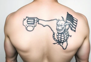 Revolver, American flag, state of florida, grenade, horseshoe, bulldog and blended into a half forearm sleeve tattoo idea