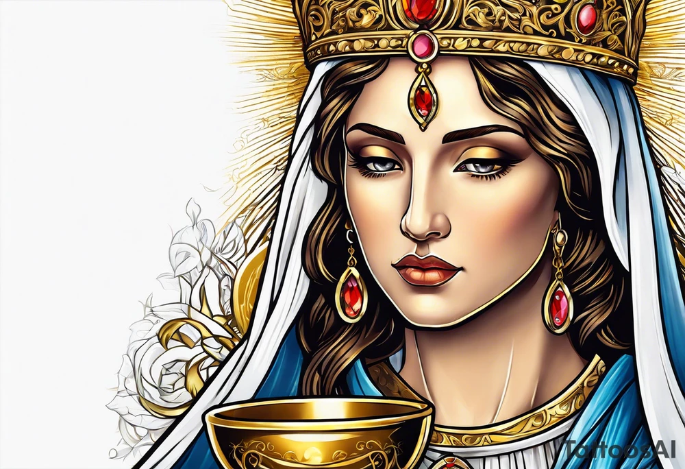 holy saint woman turned away with golden halo holding a chalice tattoo idea