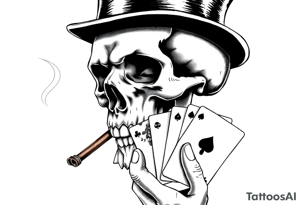 a skull with mustache,top-hat, cigar in his mouth and playing cards in a hand. tattoo idea
