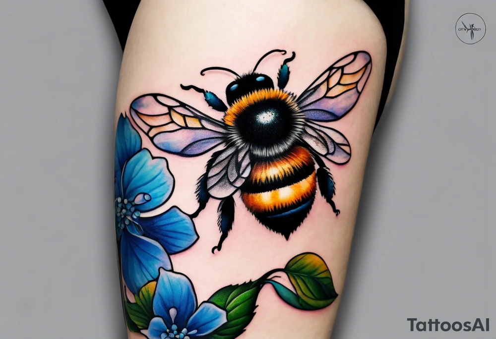 Small tattoo. There’s a hydrangea and a bee but they are not touching. The bee is small and to the left of the hydrangea. tattoo idea