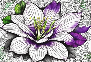 A mystical outline of a rio dipladenia flower with green/purple pedals and a green/purple watercolor splash in the background tattoo idea