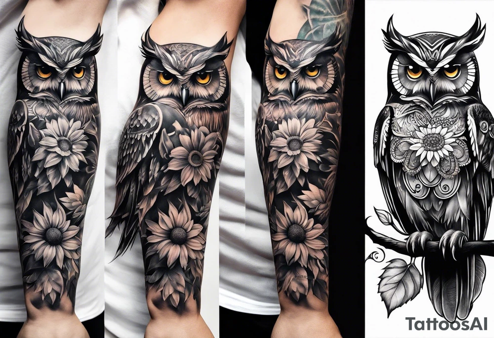 Owl and sunflower sleeve tattoo idea