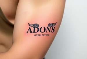 vertical Adonis over Psyche tattoo, black line art, outer arm, minimalist Greek letters with wing and flower accents tattoo idea