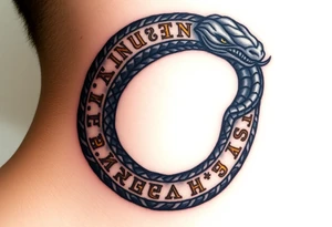 An obsidian black Ouroboros snake forming cyrcle with golden runes carved into its scales, creating a mystical, ancient feel. tattoo idea