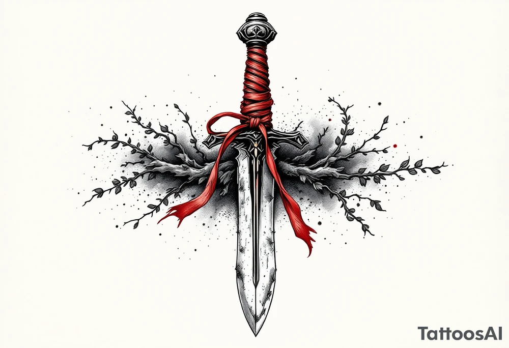 A weathered steel dagger with a twisted obsidian blade, wrapped in aged leather at the hilt, and a single crimson ribbon tied beneath the guard, symbolizing vengeance and loyalty. tattoo idea