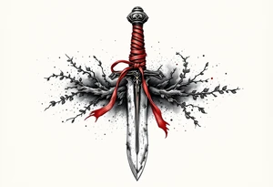 A weathered steel dagger with a twisted obsidian blade, wrapped in aged leather at the hilt, and a single crimson ribbon tied beneath the guard, symbolizing vengeance and loyalty. tattoo idea