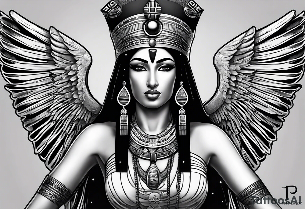 black and gray photo realistic goddess isis with minimal detail tattoo idea