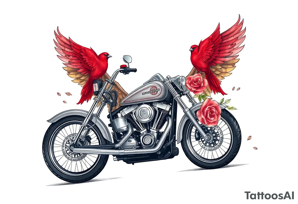 Harley grey motorcycle driving away, two red birds flying, roses, flames, angel wings tattoo idea