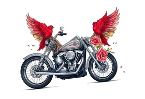 Harley grey motorcycle driving away, two red birds flying, roses, flames, angel wings tattoo idea