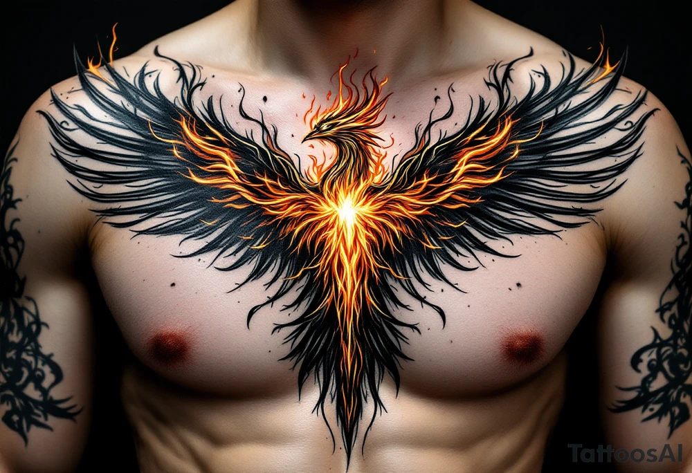 Realistic and symmetrical flaming Phoenix rebirth with spread wings in a down motion surrounded by fire mapped onto chest only.
Phoenix head must be in the middle of the chest, straight and symmetrical.
Fire should be surrounding spread wings
Wings should be spread down only on pectoral muscle around the nipples. tattoo idea