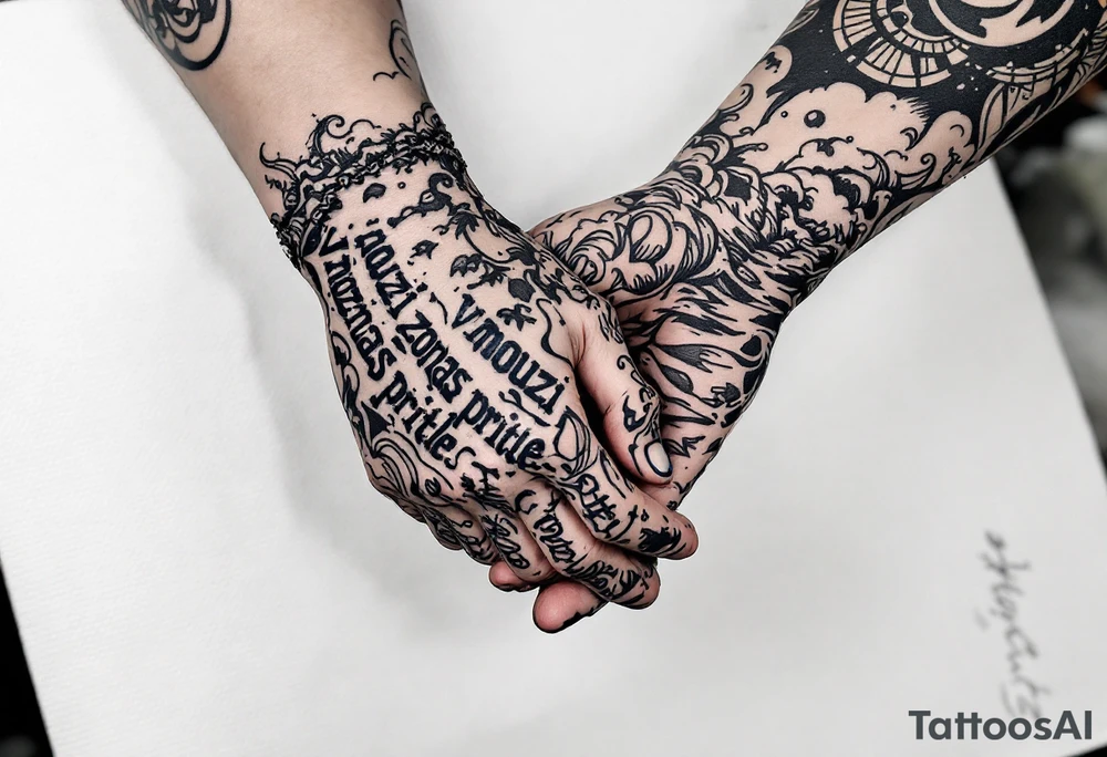 „V nouzi poznas pritele.“ — Two hands grasping in stormy seas, one tattooed with the quote in navy ink across the wrist. tattoo idea