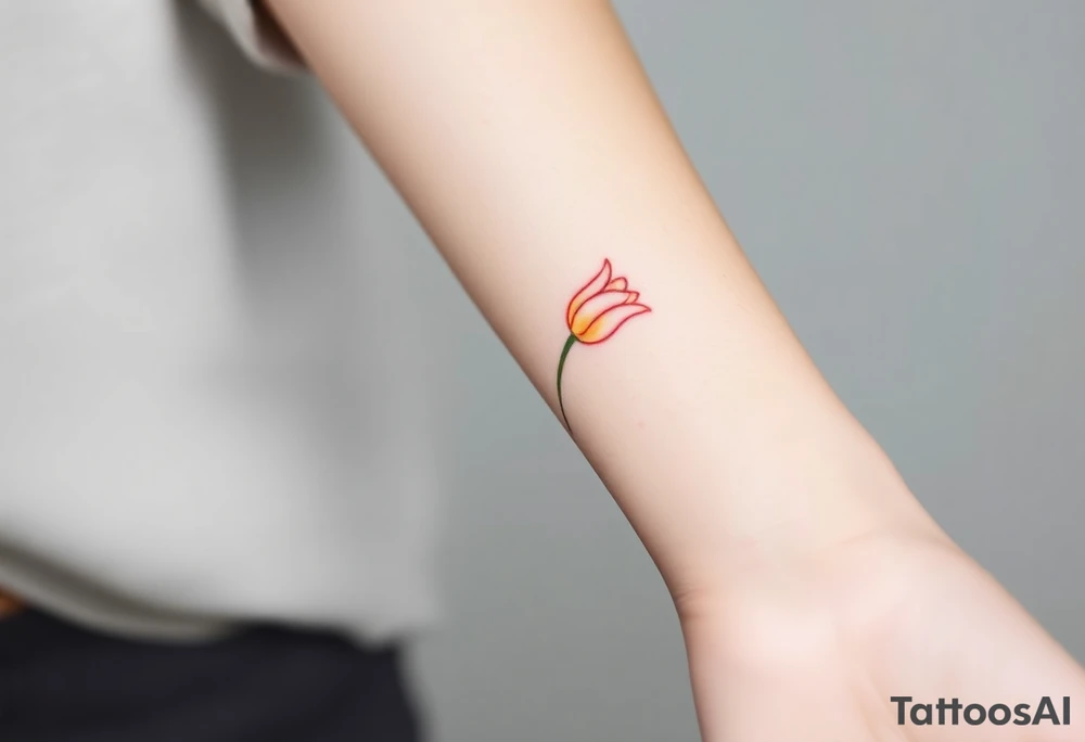 A simple tulip tattoo idea could be a single, delicate tulip stem with clean, minimal lines. The tulip’s petals are soft and slightly curved, drawn in a light pastel color, like pink or peach, symbolizing love and elegance. The stem is thin and graceful, with a subtle green hue. A gentle shadow under the petals adds depth without complicating the design. This tattoo would work well on the wrist, ankle, or behind the ear for a subtle, feminine look. tattoo idea