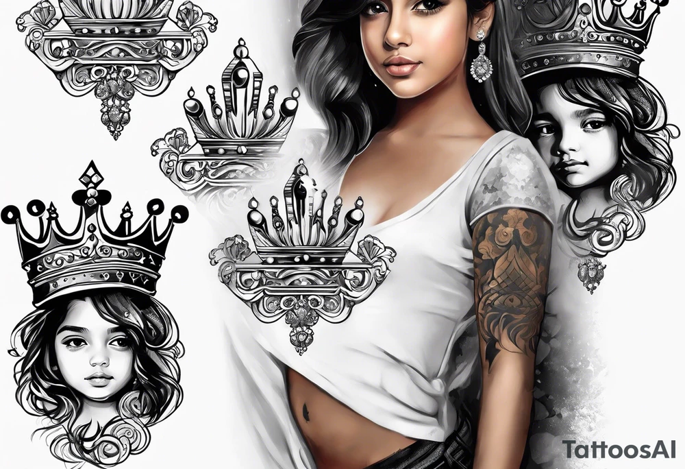 Kids names “Raaj” and “Reign” with the number 11 and crowns for their royalty tattoo idea