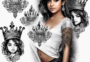 Kids names “Raaj” and “Reign” with the number 11 and crowns for their royalty tattoo idea