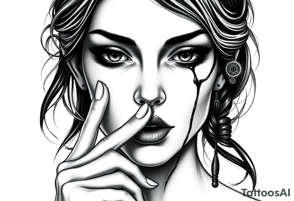 Black and grey realism tattoo design of a beautiful woman's face. Both her eyes wide shit closed  (see no evil), her left index finger is at her lips (speak no evil). Her ears are dripping blood that is steaming down her neck and cheek. Make the ears noticeablly bleed The style is black and grey realism, hyper-realistic, dark, and evil. Incorporate ninja gear elements and mechanical details (gears) subtly into the background or clothing for a gear ninja evil look. Design for a full forearm sleeve placement tattoo idea