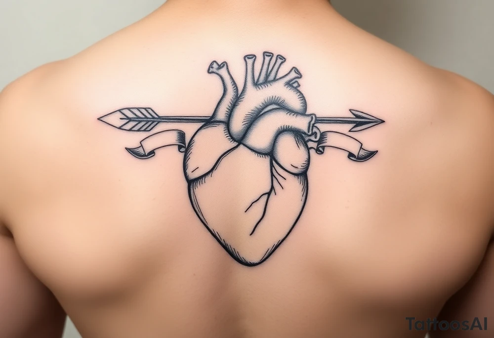 anatomical heart pierced by ornate arrow with flowing ribbons tattoo idea