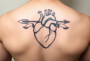 anatomical heart pierced by ornate arrow with flowing ribbons tattoo idea
