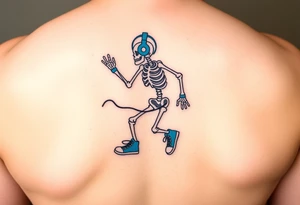 Minimalist funny looking fat skeleton skipping on a jumping rope with blue headphone blue tennis shoes blue arm bands and music notes colorful tattoo idea