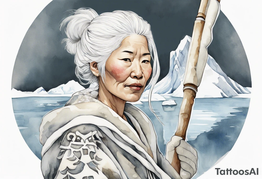 a middle aged Inuit woman with white hair wearing white mittens, holding a white bowstaff, standing on an iceberg tattoo idea