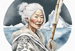 a middle aged Inuit woman with white hair wearing white mittens, holding a white bowstaff, standing on an iceberg tattoo idea