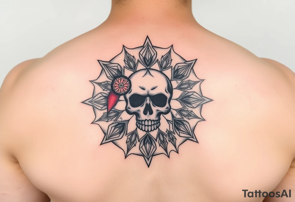 "Pepsi logo deconstructed into a sand mandala. Pixelated skull in center. Black and red ink, sacred geometry style, symmetrical." tattoo idea