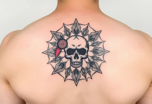 "Pepsi logo deconstructed into a sand mandala. Pixelated skull in center. Black and red ink, sacred geometry style, symmetrical." tattoo idea