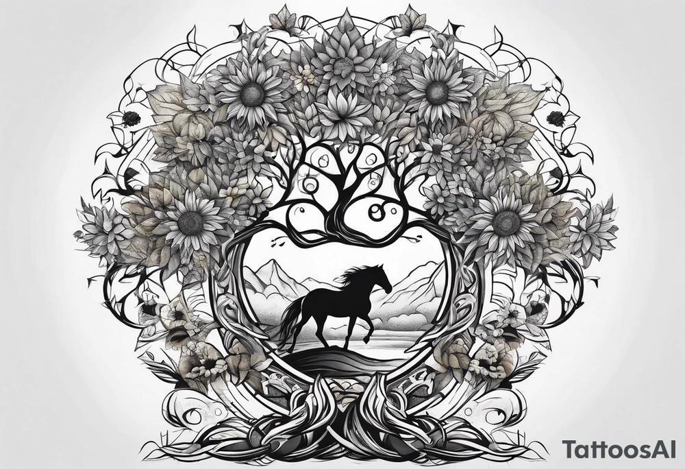 Yggdrasil tree, horse, sunflower tattoo idea