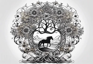 Yggdrasil tree, horse, sunflower tattoo idea