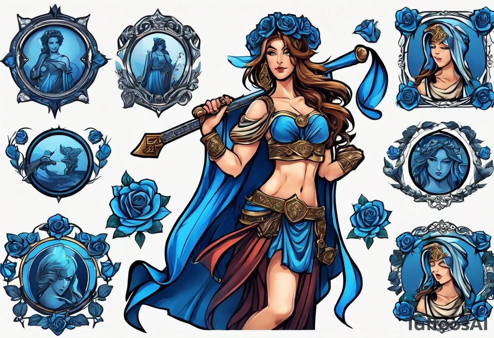 ancient rome clothes women, with svale in one hand and a sword in the other, blue rose frames, justicia tattoo idea