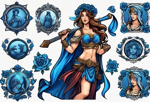 ancient rome clothes women, with svale in one hand and a sword in the other, blue rose frames, justicia tattoo idea