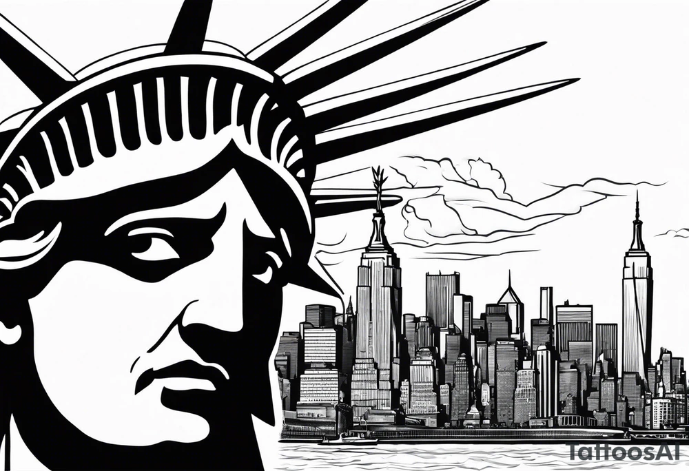 New york city skyline with Statute of liberty head in the background. White outline around head. Below the skyline in grafitti style text "NO QUIT" in the negative white space with shading around it. Put ice skatng marks through the text and throughout the image tattoo idea