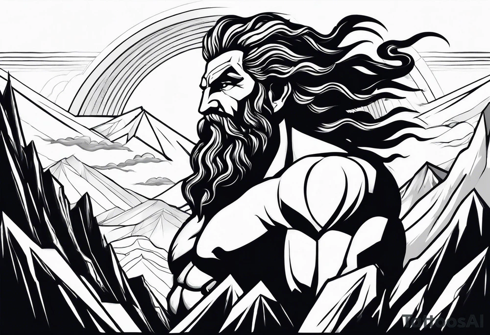 Zeus behind a Mountain View with lightning behind him and him being aggressive tattoo idea