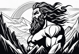 Zeus behind a Mountain View with lightning behind him and him being aggressive tattoo idea