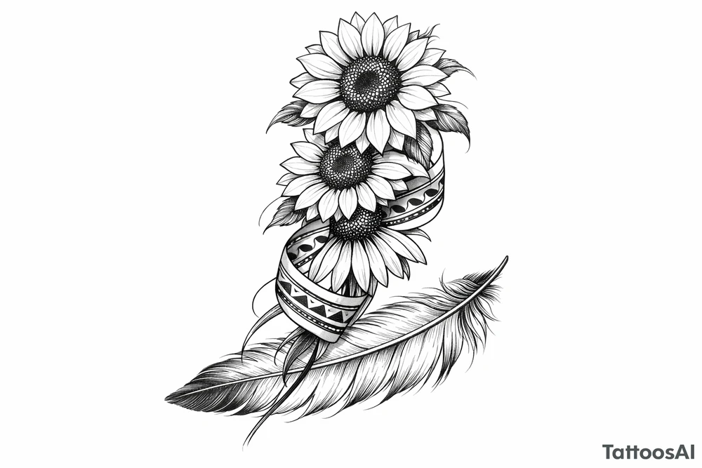 2 cascading sunflowers and a coneflower wrapped in simple Native American ribbon on top of a feather tattoo idea