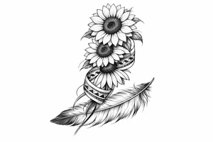 2 cascading sunflowers and a coneflower wrapped in simple Native American ribbon on top of a feather tattoo idea