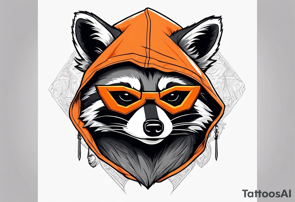 Raccoon wearing an orange Superman hoodie tattoo idea