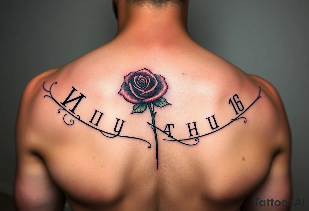 Roman numeral tattoo wrapped around your upper arm/shoulder area inked in with red rose in the background of the words tattoo idea