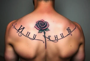 Roman numeral tattoo wrapped around your upper arm/shoulder area inked in with red rose in the background of the words tattoo idea