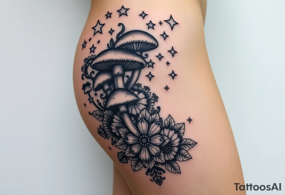 Could you possible make me a cool nature tattoo with mushrooms crystals  flowers mandala boho but colorful and psychedelic colorful too that would wrap from front of hip around side to mid back to cover an existing one I have incorporating the stars I have already and only covering some going with shape of curves of female body wrapping from front of hip around side to back tattoo idea