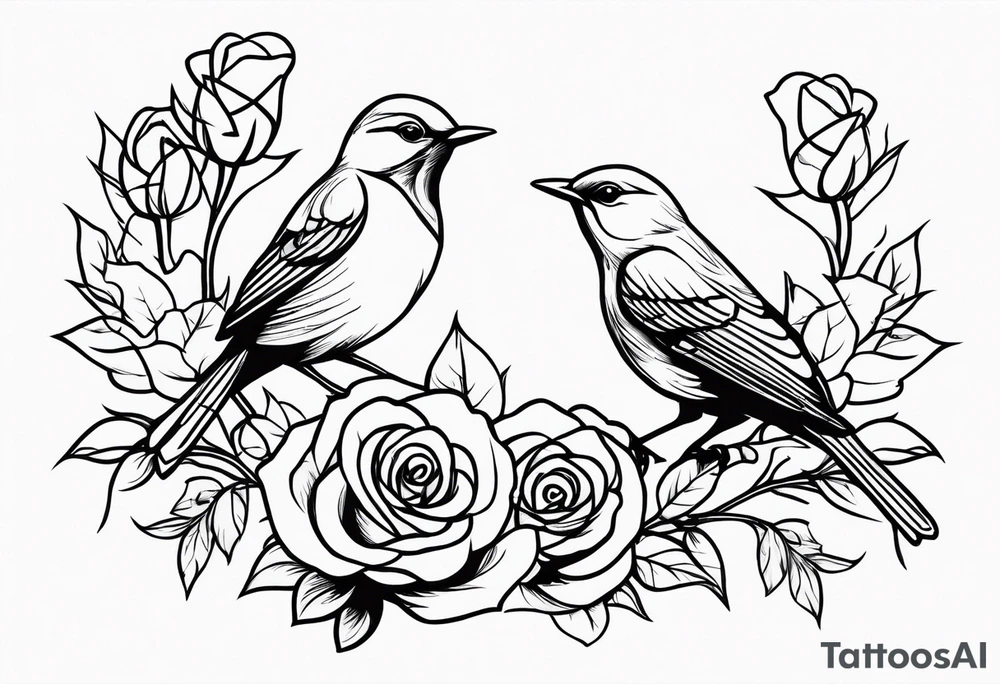 A Nightingale singing in a bush of Damascus roses above a music sheet tattoo idea