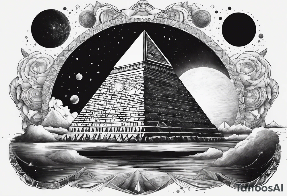 I want a tattoo of the Big Bang with a black hole and inside the black hole I want the pyramids of Giza. tattoo idea