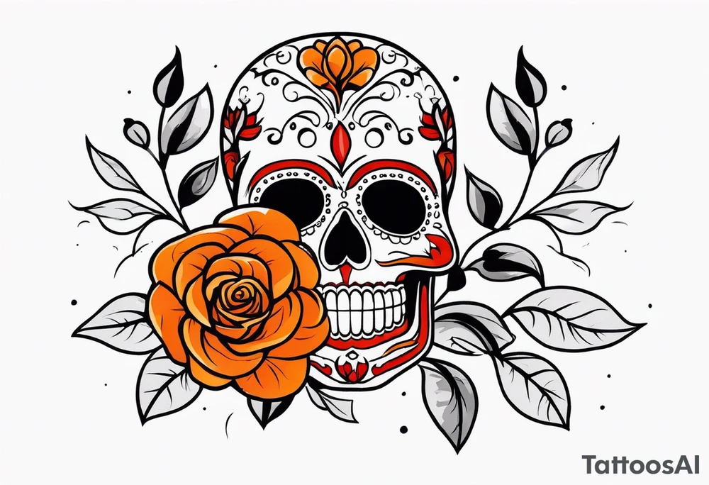 Sugar skull with roses that are orange and red with smoke around it tattoo idea