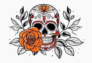 Sugar skull with roses that are orange and red with smoke around it tattoo idea